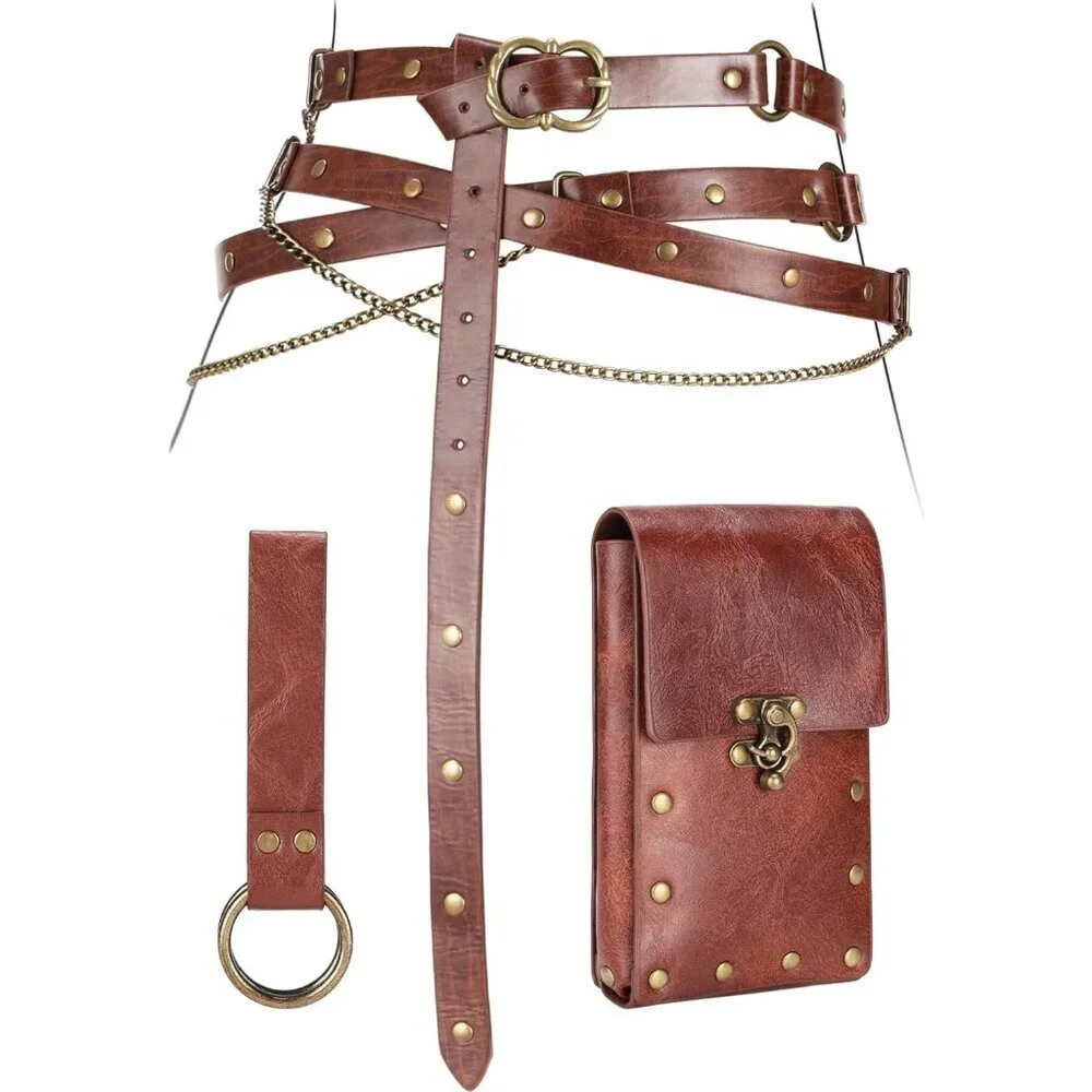 Medieval Belt Accessories Faux Leather 3pc Set Adjustable Chain Fitting Costume